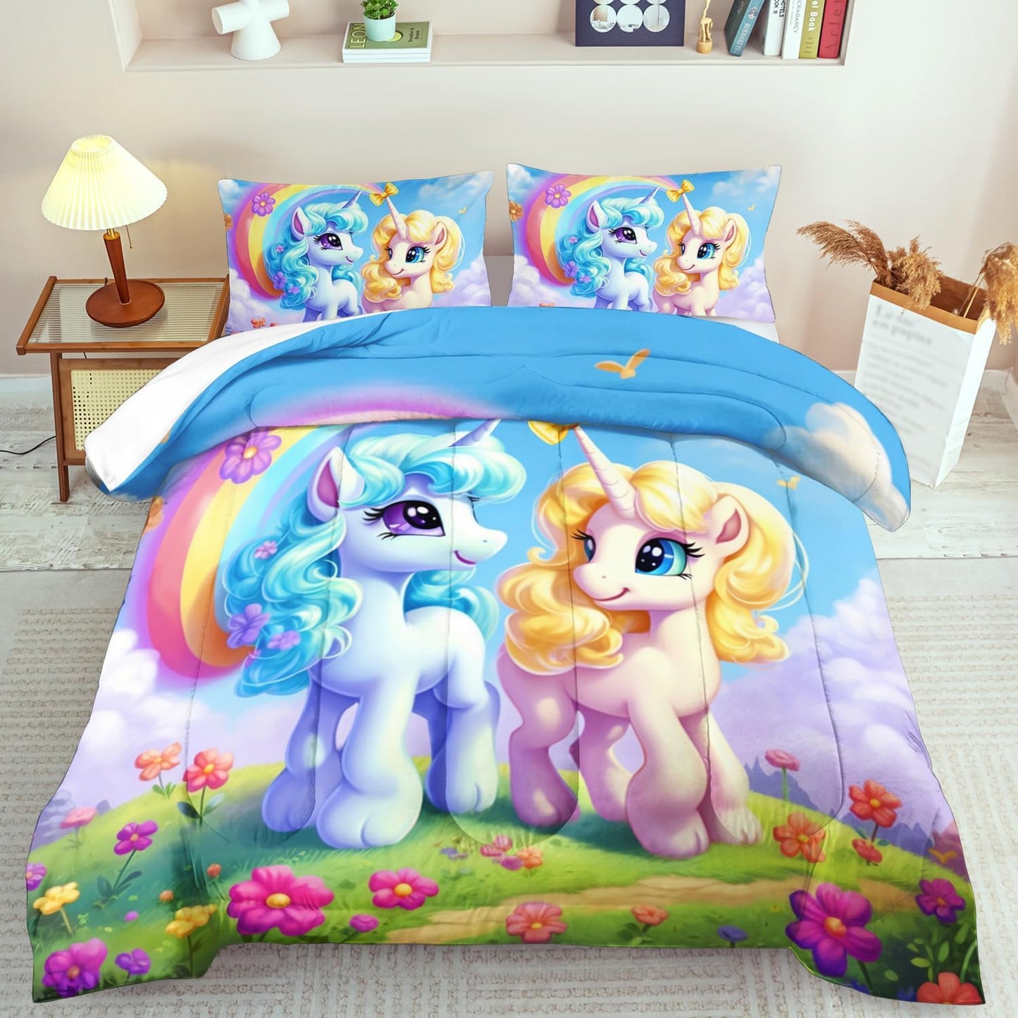 Unicorn Comforter Set Twin,Kawaii Unicorn Bedding Set Twin Kids,Rainbow Comforter Blue Bedroom Decor,Cute Animal Bedding Rainbow Bed Decor for Girls,Cartoon Blue Floral Quilt