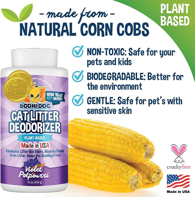Bodhi Dog Cat Litter Odor Eliminator - Natural Gentle Deodorizer & Freshener for Strong Urine Smell - Long-Lasting Formula, Easy to Use, Reduces Litter Box Changes - Violet Potpourri Scent
