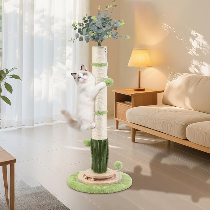 45'' Extra Tall Cat Scratching Post for Large,3.5Inch Natural Sisal Scratcher Tree with Solid Wood Base,Stable Scratch Tower with Interactive Toy,Self Groomer,Climbing Pole for Full Body Stretching
