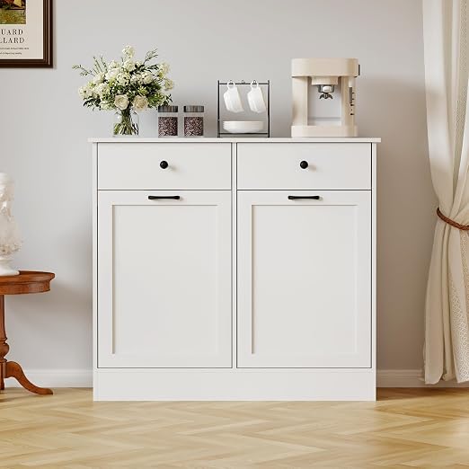 CABIHOME Double Tilt-Out Trash Cabinet with Drawers & Deodorizer | 20 gal farmhouse wooden dual bin trash and recycling cabinet. Dog proof hidden waste station for kitchen or laundry.