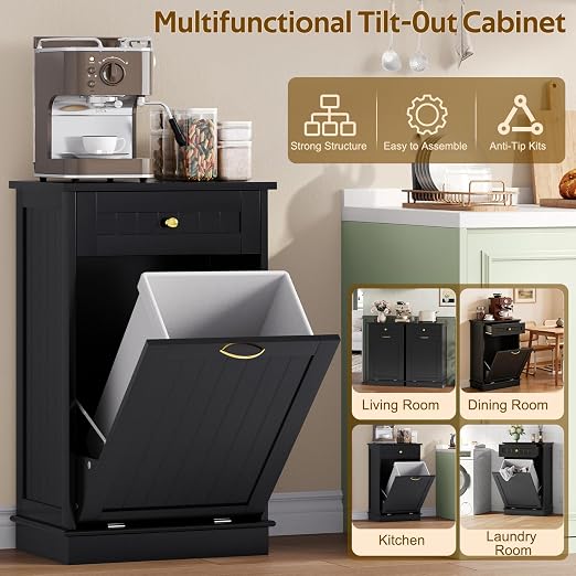 10 Gallon Tilt Out Trash Can Cabinet with Drawer Hidden Trash Cabinet Black | Cabinet with Drawers for Kitchen, Bathroom and Laundry Room