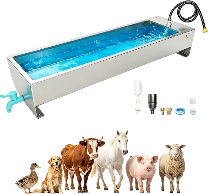 Automatic Livestock Waterer Drinking Trough Large Dog Water Bowl Dispenser 12 Gallon Stainless Steel with Float Valve for Cattle Chicken Goat Horse Pigs Poultry Outdoor Animals