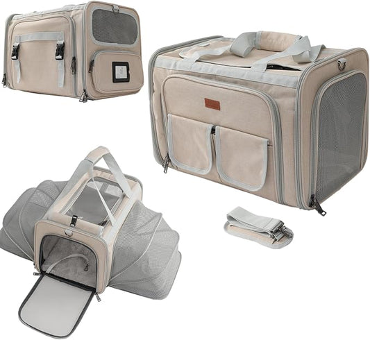 Cats Carrier for Small Dogs Puppy Cat Bag Expandable,Airline Approved,2 Sides Expand,Rabbit Bunny Pets Carriers Small Animals Travel Outdoor Carry Kennel (Khaki)