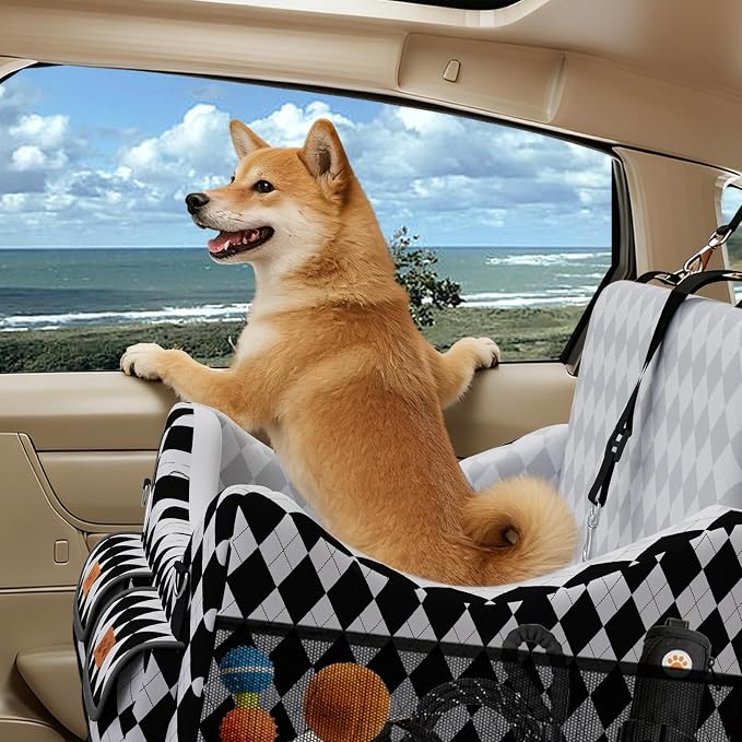 Dog Car Seat for Small/Medium Dogs up to 35lbs, 4-Pocket Storage Memory Foam Dog Booster Seat, Detachable Washable Pet Car Seat with Safety Belt, Outdoor & Indoor Use (Black/White)