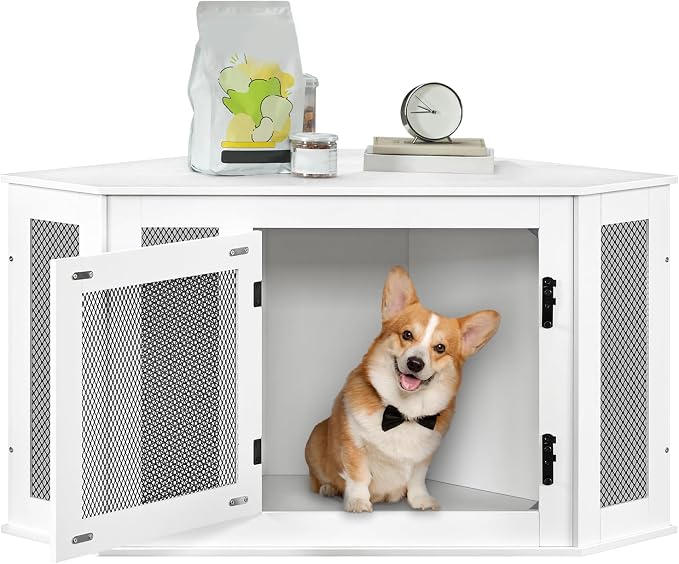 MAHANCRIS Corner Dog Crate Furniture, Wooden Dog Kennel End Table, Decorative Pet Crate Indoor Use, Furniture Style Dog House for Small Medium Dog, Dog Cage TV Stand, White and Black DCWT0801