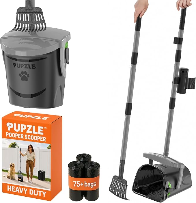 Pupzle Dog Pooper Scooper with Bag Attachment, 40" Long Handle Dog Scooper