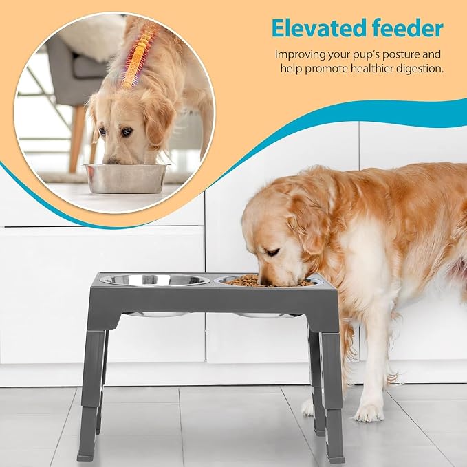 Elevated Dog Bowls with 2 Stainless Steel Dog Food Bowls, Raised Dog Bowl Adjusts to 5 Heights (3.15", 8.66", 9.84",11.02", 12.2") for Small Medium and Large Dogs