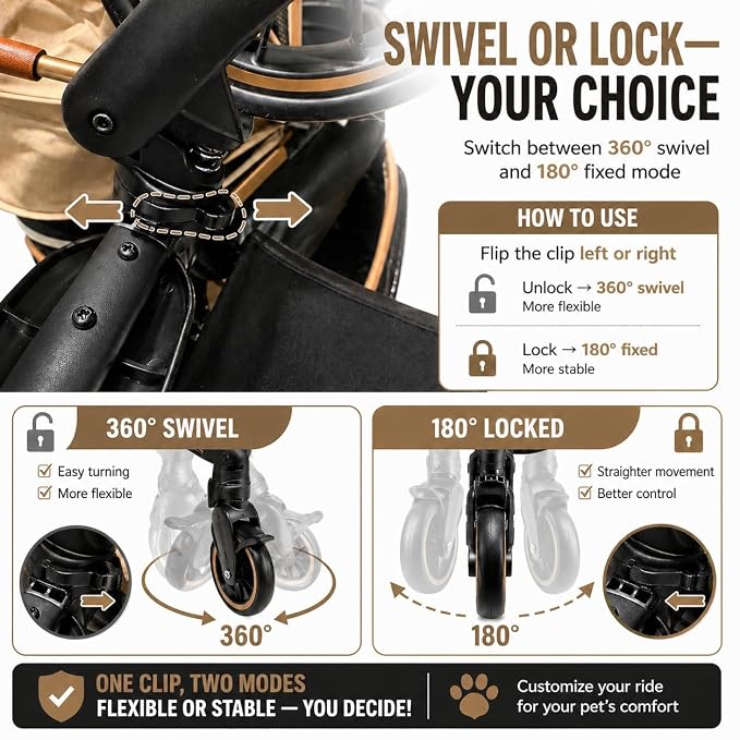 6-in-1 Cat Stroller for Cats & Small Dogs, Foldable Travel | Luxury Brown Pet Stroller, Detachable Carrier, Foldable Dog Stroller for Small Dogs, 360° Wheels, Frame Supports up to 50 lbs