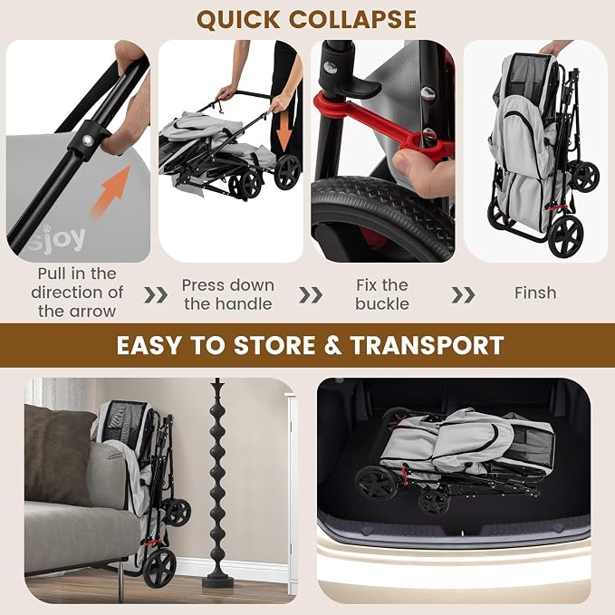 PETSITE Double Dog Stroller, Foldable Pet Stroller for 2 Dogs & Cats Small Medium Sized with Detachable Carrier on Wheels, Ideal for Car Seat Walking Camping Travel (Grey)