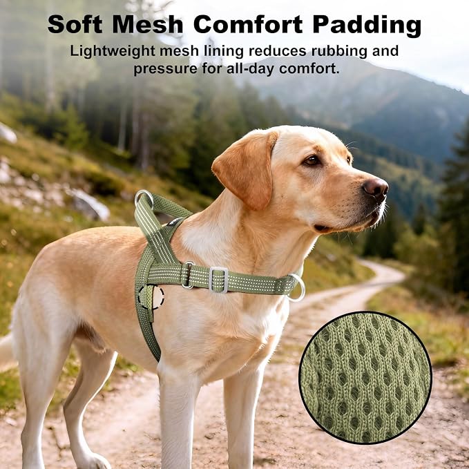 No Pull Dog Harness with Handle, Adjustable Soft Mesh Padded Vest | Reflective Walking Harness with Front Clip for Small Medium Large Dogs, Quick Fit No Escape for Training, Ranger Green, XL