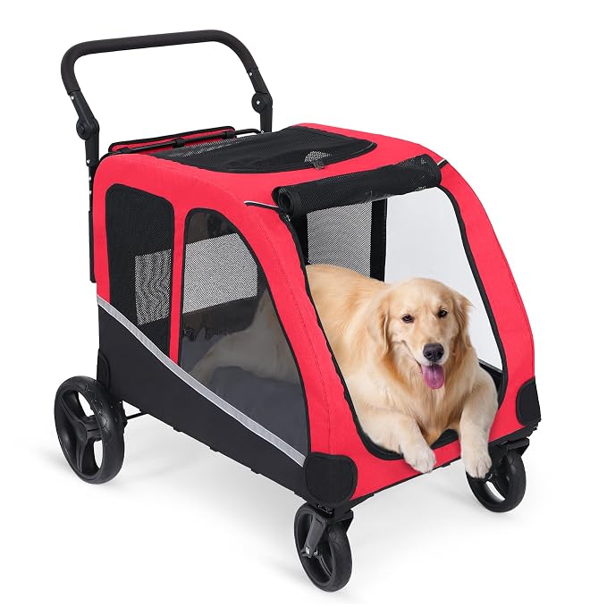 Saudism Dog Stroller for Large & Medium Dogs (up to 160lbs), Pet Stroller for 2 Small Dogs, Extra Large Heavy Duty, Dog Wagon Foldable & Adjustable Handle with Pocket, Red