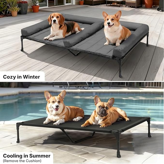 Veehoo Elevated Dog Bed for 2 Dogs, Cooling Raised Dog Bed with Bolster Mat | Outdoor Double Dog Bed with Removable Waterproof Cushion, Breathable Mesh, Non-Slip Feet for Outdoor & Indoor, 49", Bicolor