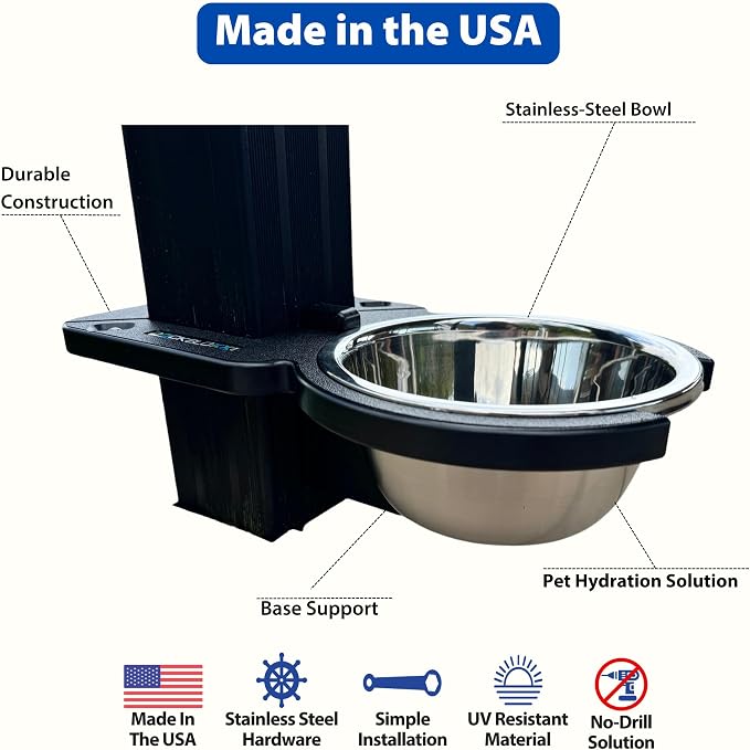 Dock Mounted Dog Bowl & Holder – UV & Rust-Resistant, Marine-Grade, Easy No-Drill Installation, Made in The USA- Fits a 3" Square Post
