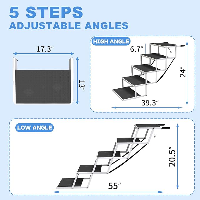 Dog Steps for Car & SUV – 5-Step Foldable Pet Stairs for Large Dogs, Non-Slip Heavy-Duty Plastic Dog Stairs, Lightweight & Portable Vehicle Access, Great Alternative to Dog Ramp for Truck