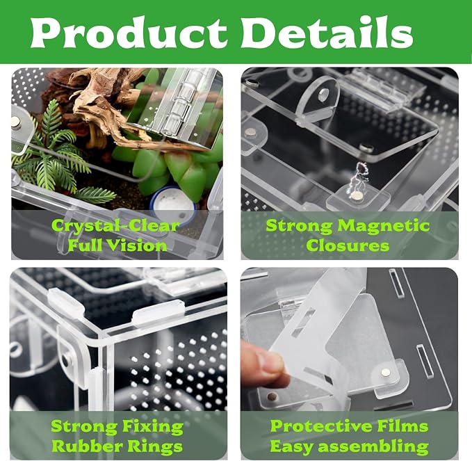 Jumping Spider Enclosure, Small Reptile Terrarium for Tarantula Hermit Crab Praying Mantis, Acrylic Insect Habitat with Magnetic Front & Top Opening (4.52" x 4.52" x 4.52")