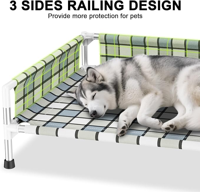 Elevated Dog Bed with with Guardrail, Raised 3-Fence Dog Hammock Bed | Breathable Lifted Stainless Steel Frame Dog Bed for All Pets, Cooling Washable Dog Cot