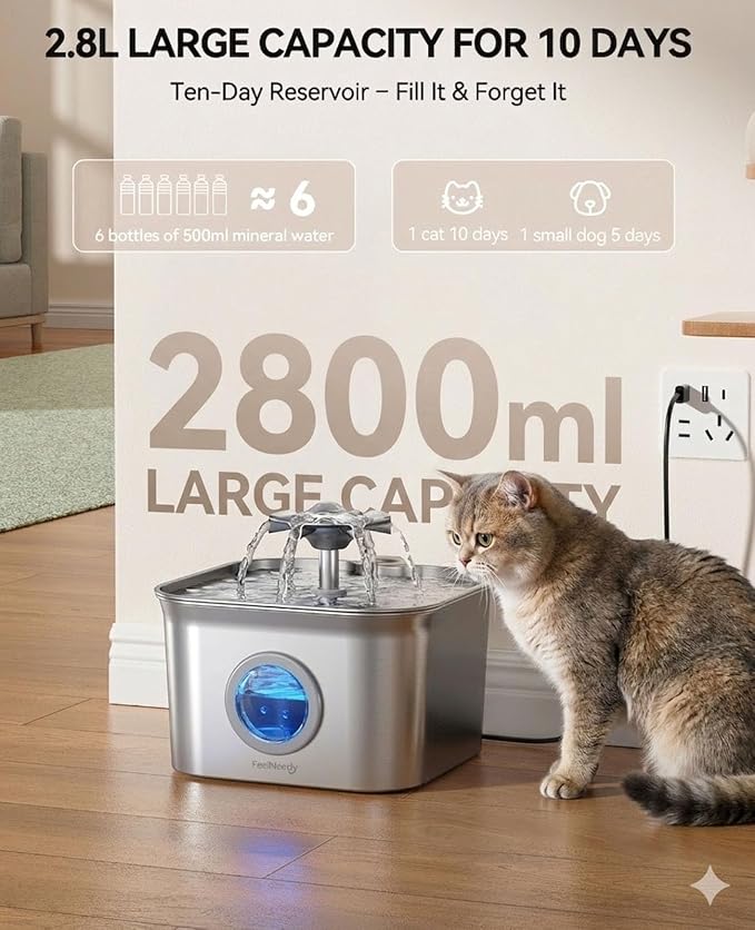 Stainless Steel Cat Water Fountain, 2.8L with 20dB Ultra-Quiet Pump- Ideal for Timid Pets, LED Water Level Window, Dishwasher Safe, 24/7 Circulation- Includes 3 Replacement Filters