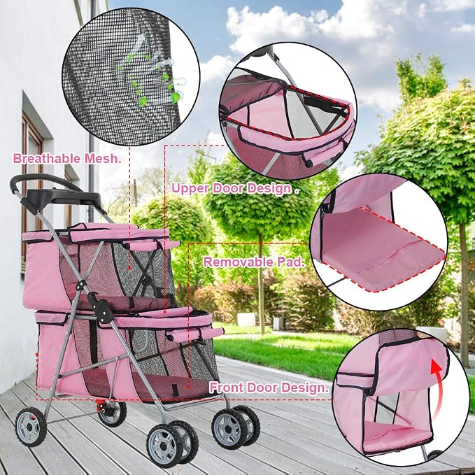 Dog Stroller Cat Pet Carriers for Small Medium Dogs Cats Travel Camping 4 Wheels Lightweight Folding Crate Stroller with Soft Pad (Pink)