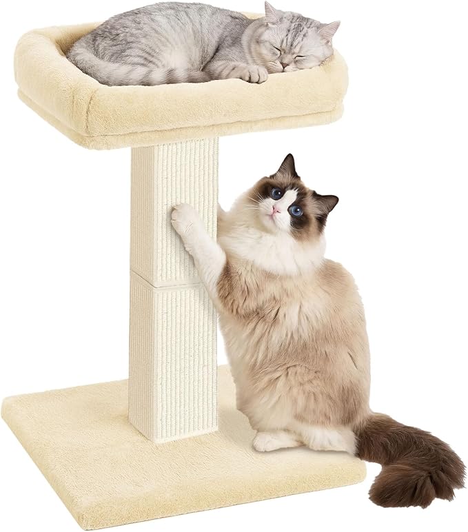 Cat Scratching Post, 32”Cat Scratcher with Large Plush Perch, Sisal & Carpet Scratching Post, Vertical Posts with Elevated Bed for Indoor Cats, Removable& Washable Cover, Beige
