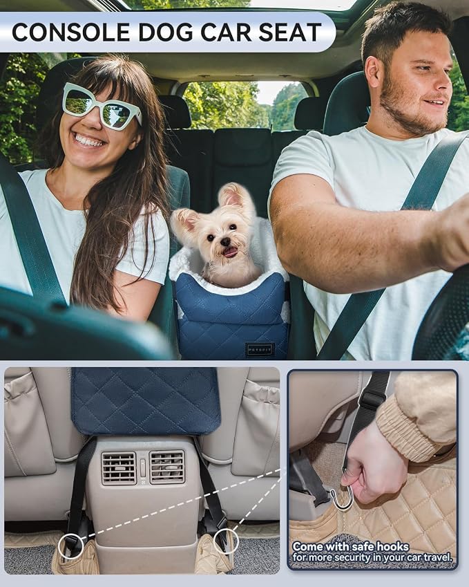 PETSFIT Puppy Car Seat with Washable Cushion, Soft Pillow, Safety Leash | Dual Seat-rail Hooks with Adjustable Straps Help Reduce Shifting, Dog Console Car Seats for Small Dogs Under 8 lbs,Blue