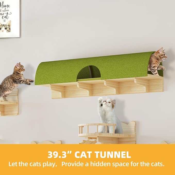 Cat Shelves for Wall, 18-in-1 Cat Wall Furniture w/Tunnel & Bridge | Multi-Level Floating Cat Shelves for Space Saving, Solid Wood Cat Climbing System with Scratching Posts, Condos, Burlywood