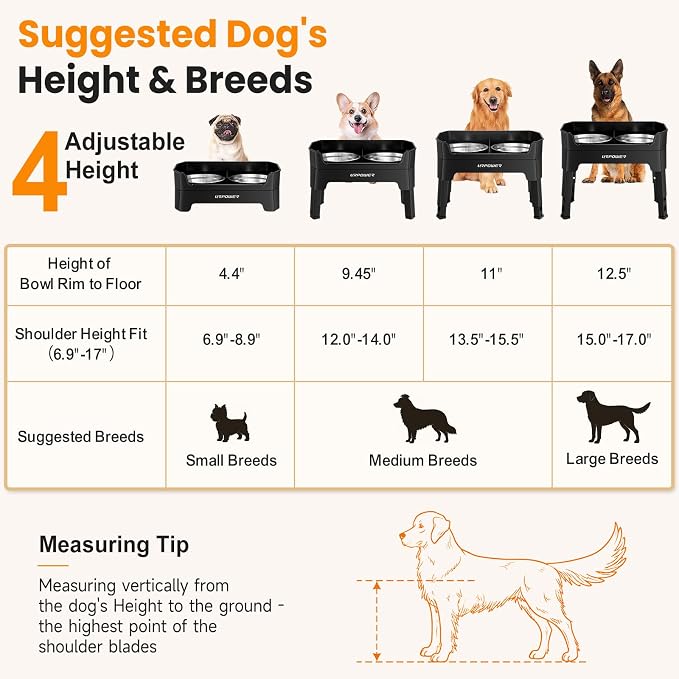 URPOWER 3-in-1 Elevated Dog Bowls - Mess Proof Double Deck 4 Height Adjustable Raised Stand with 2 Stainless Steel Food Bowls & Licking Plate for Small, Medium & Large Dogs (Pack of 2)