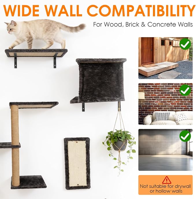 5in1 Cat Wall Shelves Climbing Systems, Large Cat Furniture Shelf Set Wall Hanging Mounted, Sisal Scratching Perch Bed 2 Steps Tower Tree for Indoor House Corner Ladder