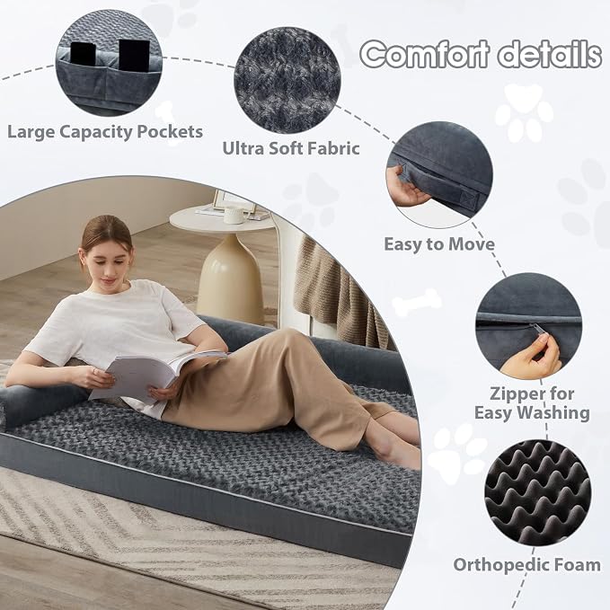 BFPETHOME Orthopedic Washable Human Dog Bed for Adult & Dog Cozy Sleep | Human Size Waterproof Big Soft Pet Couch Bed for Adult & Dogs Relax with Removable Cover Supportive Foam Dark Grey 71x46 Inch