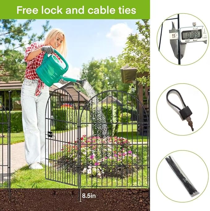 Adavin Tall Garden Fence Animal Barrier, 32 in(H) X 8.8 Ft(L) 4 Panels Dog Fences Outdoor for Yard, Black Heavy Duty Metal Temporary Fence, No Dig Garden Fencing for Yard Flower Bed Lawn Patio