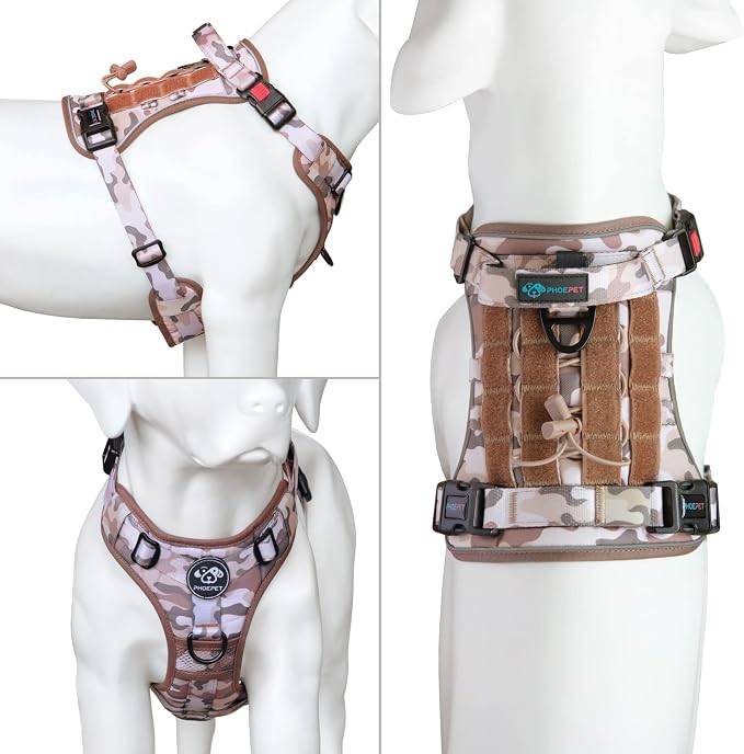 No Pull Tactical Dog Harness,Service Dog Vest Molle & Loop Panels | Woodland Brown L, Metal Front & Back D-ring, Reflective, Easy Control with Padded Handle for Small Medium Large Dogs