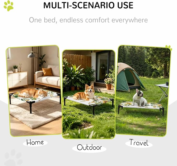 Outdoor Elevated Dog Bed for Medium Dogs, Hanging Floral Breathable Cooling Raised Dog Cot for Indoor/Outdoor, Spring Botanical Sunflower Green Leaves Waterproof Elevated Pet Beds, M 24 x 20 in