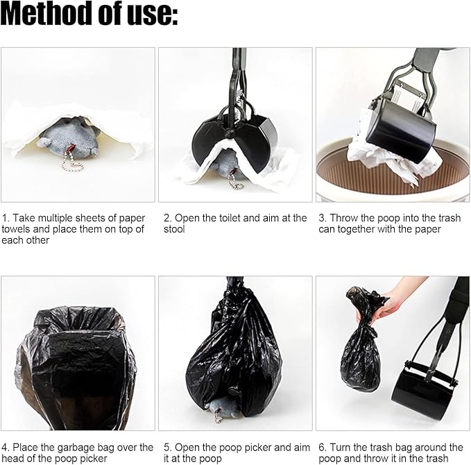 Pet Pooper Scooper, Long Handle Jaw Poop Pick Up Tool for Dogs Cats, 23.7in Heavy Duty Plastic Waste Cleaner with Foldable Design (Black)