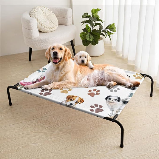 Cartoon Dog Paw Pattern Orthopedic Elevated Dog Pet Bed(47"X31"X9"),with Metal Frame,Printing Breathable Waterproof Dog Kennel,Sleeping Bed for Small Medium Large Dogs Cats,for Home,Outdoor Use