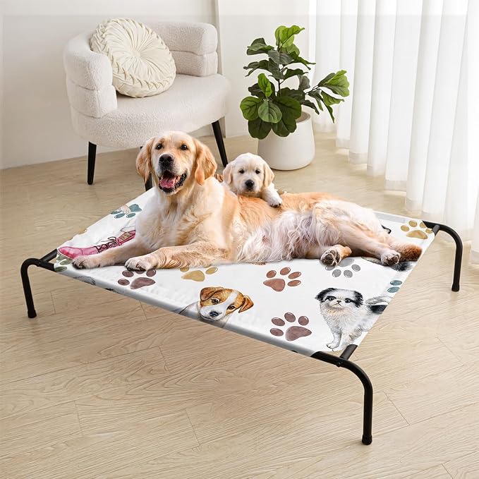 Cartoon Dog Paw Pattern Orthopedic Elevated Dog Pet Bed(35"X25"X8"),with Metal Frame,Printing Breathable Waterproof Dog Kennel,Sleeping Bed for Small Medium Large Dogs Cats,for Home,Outdoor Use