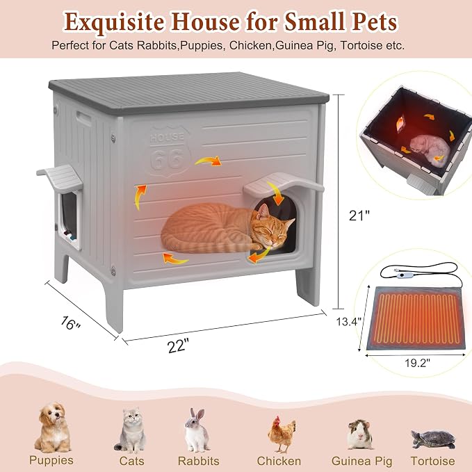 Heated Cat House for Outside with Foam for Outdoor Cat,Plastic cat Shelter | Heated Insulated Cat House, Plastic Weatherproof Insulated cat House, Cat Shelter for Feral Cats