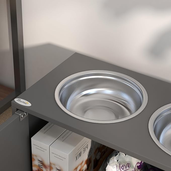 Dog Feeding Station with Storage - Large Dog Bowl Cabinet | Gray, Wood and Metal, 23.5 x 11.75 x 14 In, 44L Storage, 2 Stainless Steel Bowls