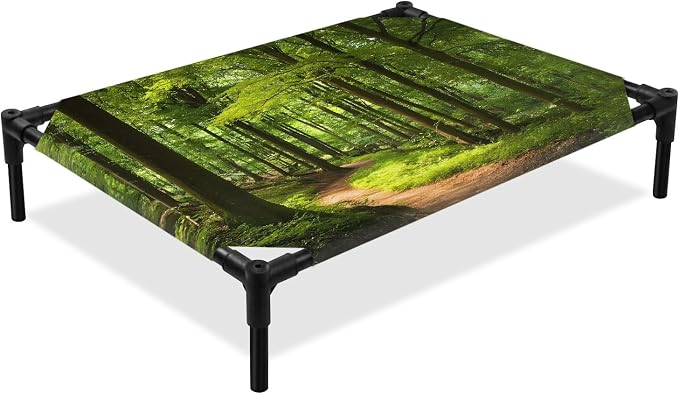 Outdoor Elevated Dog Bed for Large Dogs, Green Forest Breathable Cooling Raised Dog Cot for Indoor/Outdoor, Retro Rustic Natural Scenery Trees Waterproof Elevated Pet Beds, L 28 x 22 in