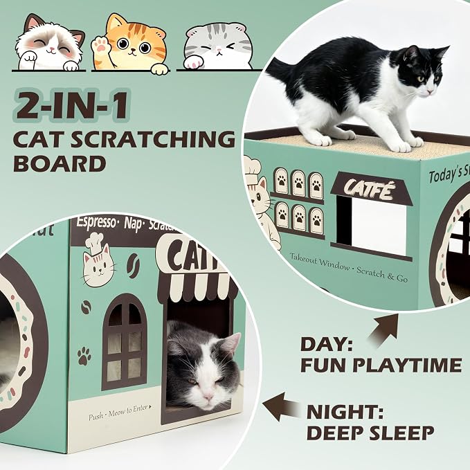 ARGOPET Cardboard Cat Scratcher House, Cozy Cardboard Design with 2 PCS Scratching Pads, Cat Scratcher Box & Bed, 17-Inch Corrugated Cat Scratcher, Safe and Secure for Kittens, Easy to Assemble（Green）