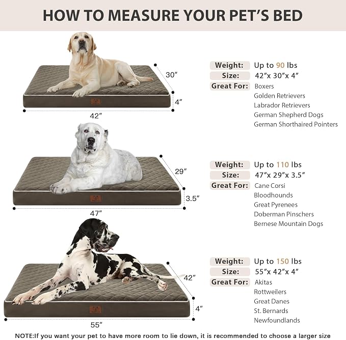 WNPETHOME Orthopedic XXL Dog Beds for Large Senior Dog Bed Comfy Sleeping | XXL Washable Waterproof Dogs Bed with Removable Cover, Multi-Needle Quilting Dogs Crate Bed for Relax , Dark Green 55x42 Inch