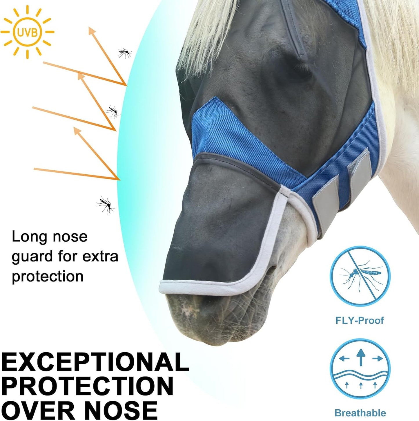 Horse Fly Mask with Ears & Long Nose Cover | Forelock Opening for Tangle-Free Mane Care | UV Protection & Breathable Mesh | No Rub Fit and Enhanced Visbility for Trail Riding RoyalBlue Pony