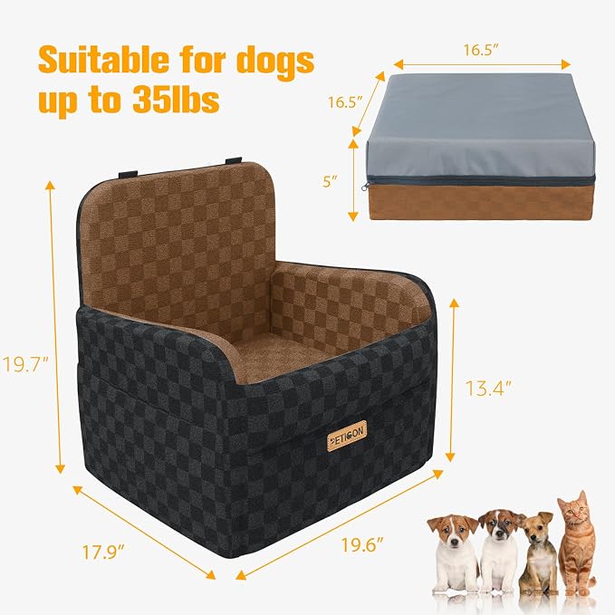 PETICON Waterproof Dog Car Seat for Small Medium Dogs, 5in Memory Foam | Pet Booster Seat for Dogs up to 35 lbs with Pockets, Detachable Washable Pet Carseat with Y-Shape Safety Belt