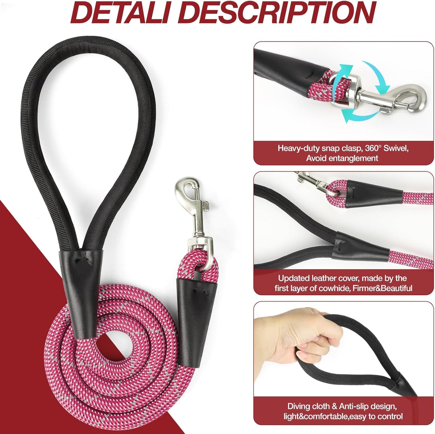 Purple 4FT Dog Leash for Large Dogs Night Walking Reflective Heavy Duty Chew-Resistant Nylon Leash with Padded Handle and 360° Swivel Clip Strong for Medium to Large Breeds