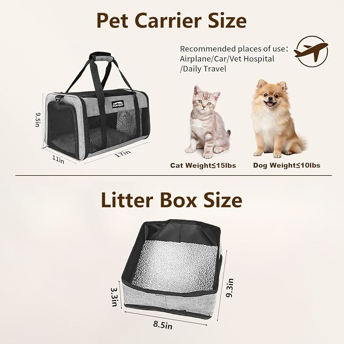 Pet Carrier Airline Approved, Soft Sided Cat Carrier for Small Pets up to 13 lbs, TSA Approved Dog Travel Bag, Portable Soft Sided Pet Carrier for Kittens and Puppies (Gray, Travel Litter Box)