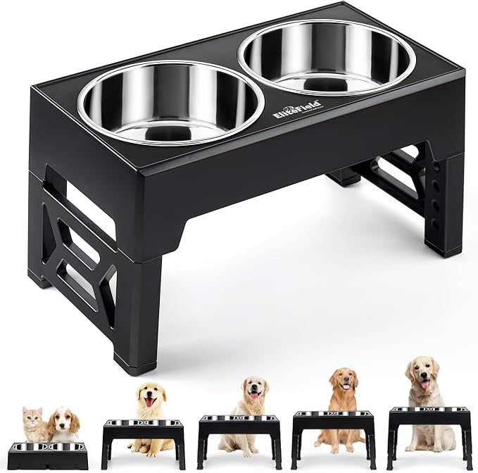 EliteField Elevated Dog Bowls, 2 Stainless Steel Bowls (2-Year Warranty) | 58 oz Bowls, 5 Adjustable Heights, Small to Large Dogs, Foldable, Dishwasher Safe, Anti-Slip Feet