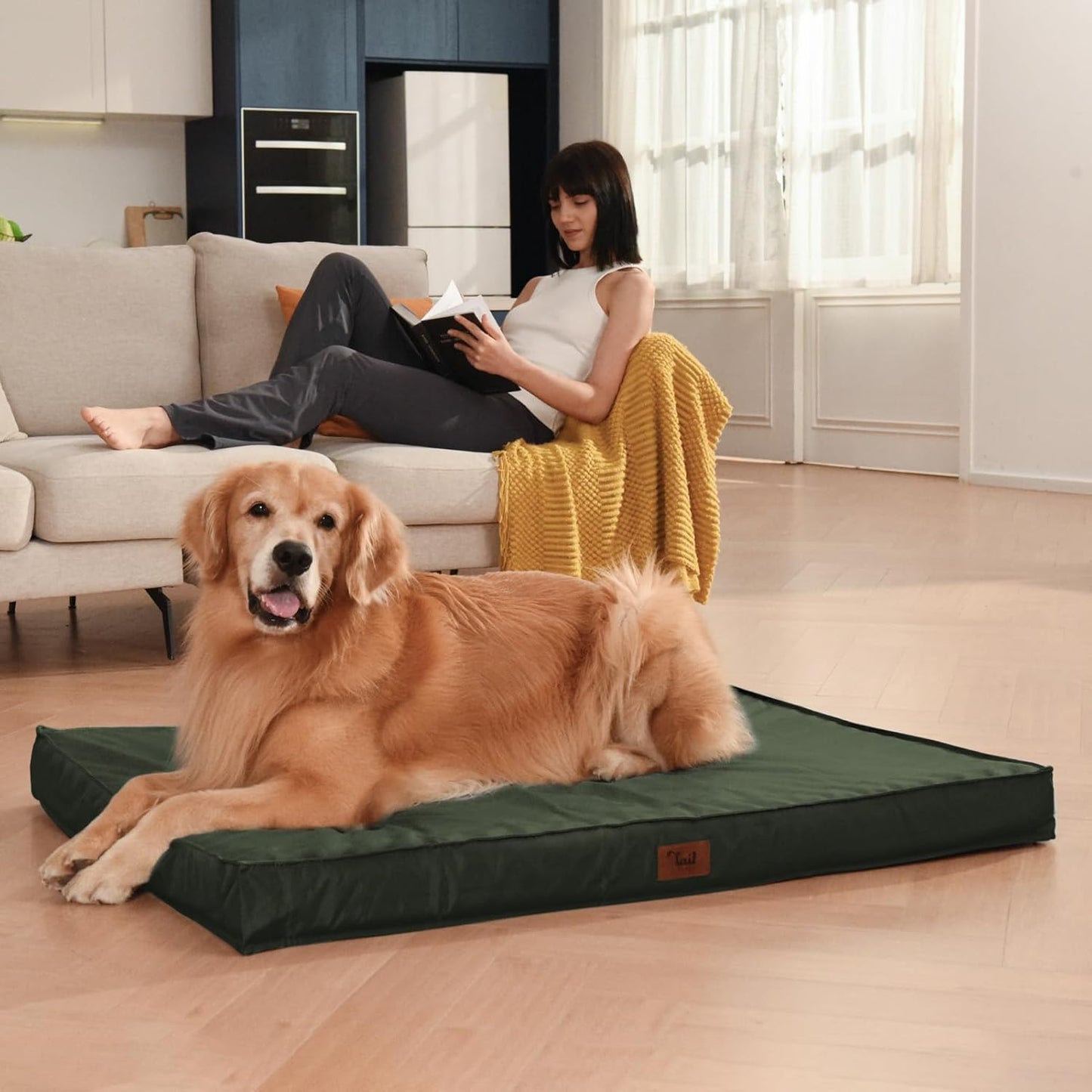 Outdoor Large Dog Bed, Waterproof Dog Bed for Large Dogs, Egg Crate Foam Pet Bed with Removable Washable Oxford Cooling Cover, Dark Green