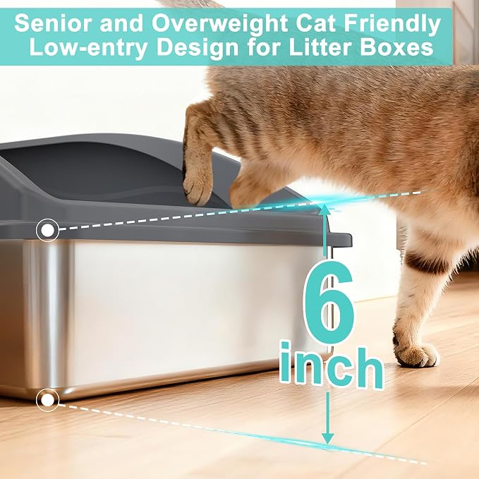 AIPERRO Stainless Steel Litter Box | XL Enclosed Cat Litter Boxs with Lid for Big Cats | High Sided, Anti-Urine Leakage | Non-Stick Bottom & Includes Litter Mat & Metal Scoop (Dark Gray)