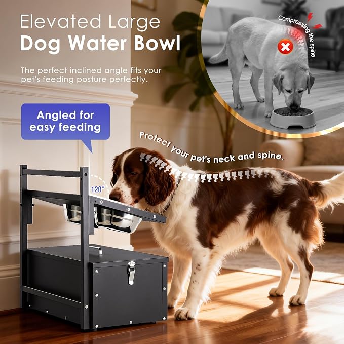 Elevated Dog Water Bowl with Storage Box Large Breed, 3 Adjustable Height | Raised Dog Bowl with Stand, Stainless Steel Pet Food Bowl & Water Bowl Indoor & Outdoor Use, Easy Clean