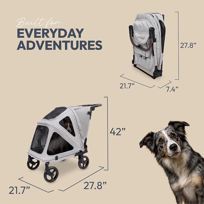 WonderFold Hudson Pet Stroller for Medium Pets - super FLATFOLD: Even the Wheels Fold In - GRAY, MEDIUM
