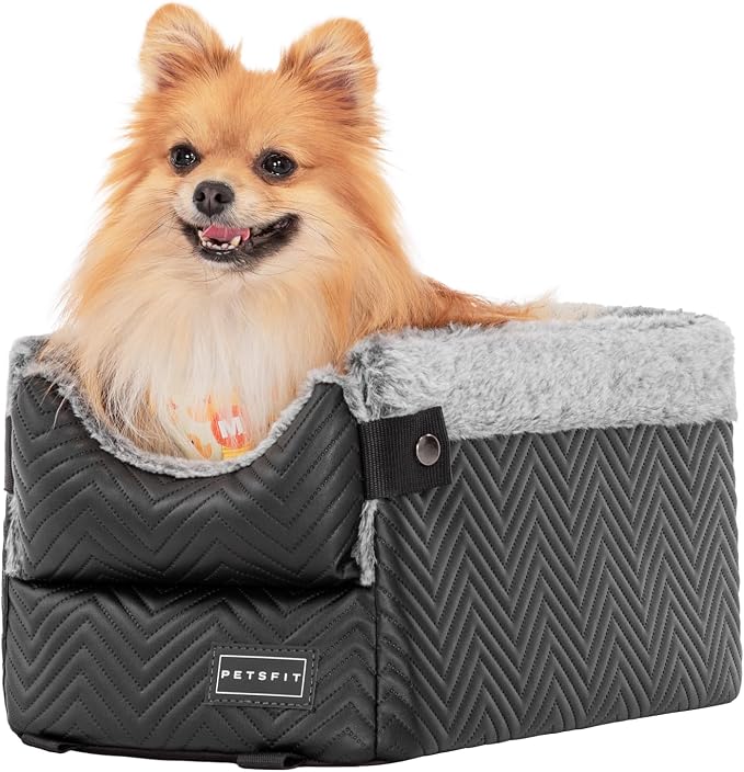 PETSFIT Dog Console Car Seat with Dual Adjustable Seat-Rail Anchor Hooks | Anti-Collapse Leather Armrest Booster Carseat with Safety Tether, Washable Cushion, Soft Pillow for Pets Under 8 lbs, Black