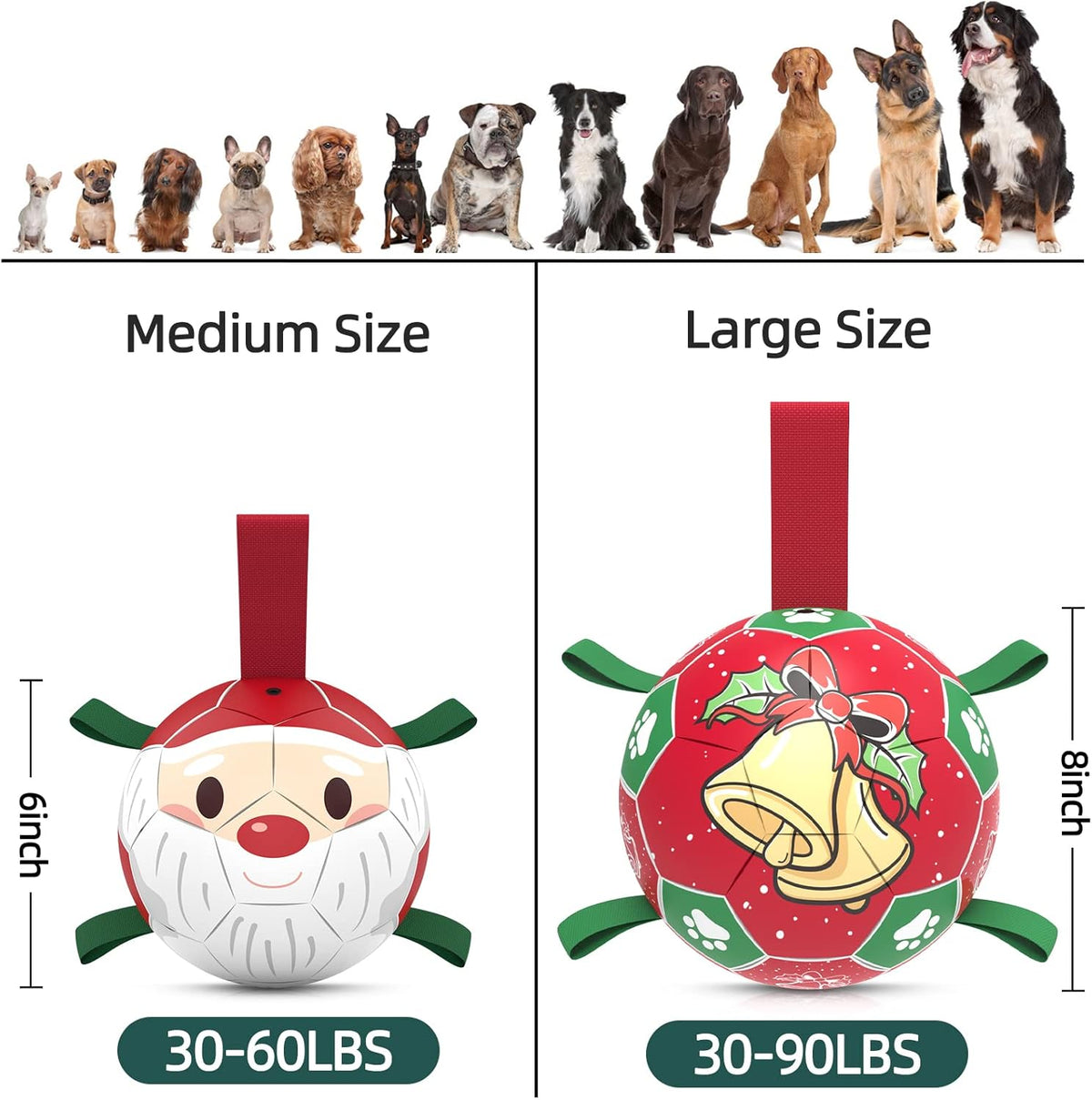 QDAN Christmas Dog Soccer Balls with Straps, Interactive Toys for Tug of War, Puppy Birthday Gifts, Durable Balls for Medium Large Dogs (8 Inch)